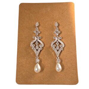Bridal, Prom Special Events Silver Plated Pave Crystal Freshwater Pearl Earrings